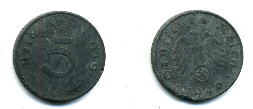 ГЕРМАНИЯ 5 РЕЙХСПФЕННИГОВ 1940 А, KM 100, J. 370 цинк 46-1946