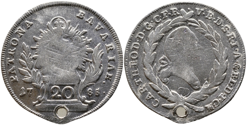 Бавария 20 крейцеров 1785 Карл Теодор (1777-1799) с отверстием KM 256 серебро 00-00