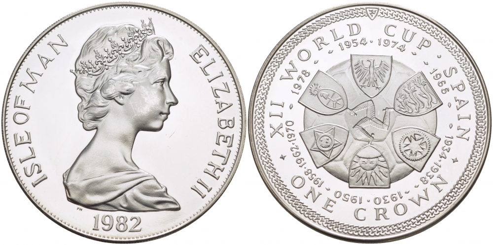 Остров Мэн 1 крона 1982 чемпионат мира по футболу в Испании, гербы КМ 92a серебро PROOF 1081-9-14