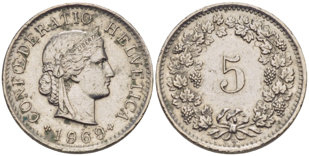 ШВЕЙЦАРИЯ 5 РАППЕНОВ 1969 В KM 26 медно-никель 66-419