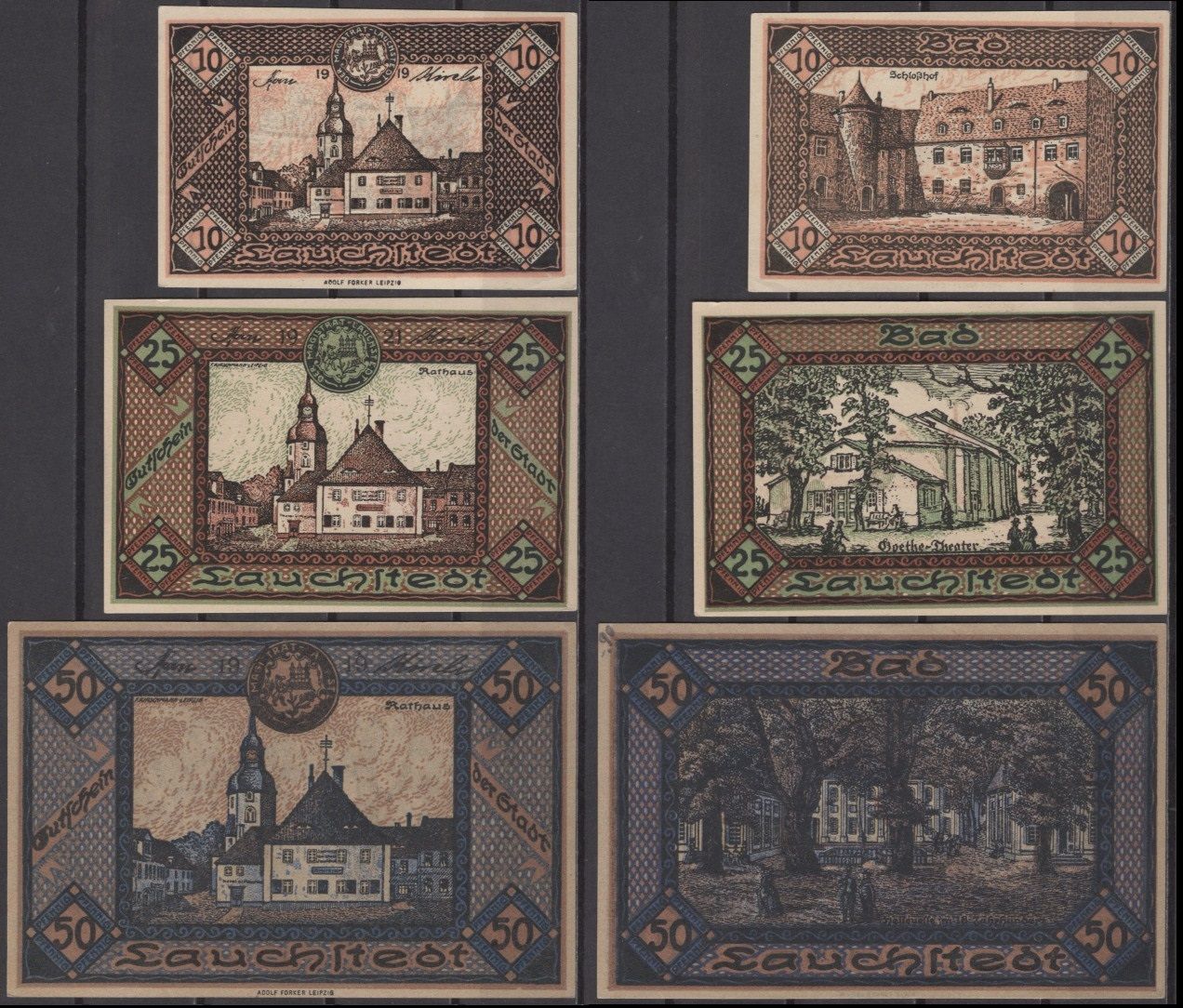 Лаухштедт полный набор из 3 нотгельдов (10, 25 и 50 пфеннигов) ND (1921) Grabowski L17.1 бумага UNC (пресс) 2193-2-1-1