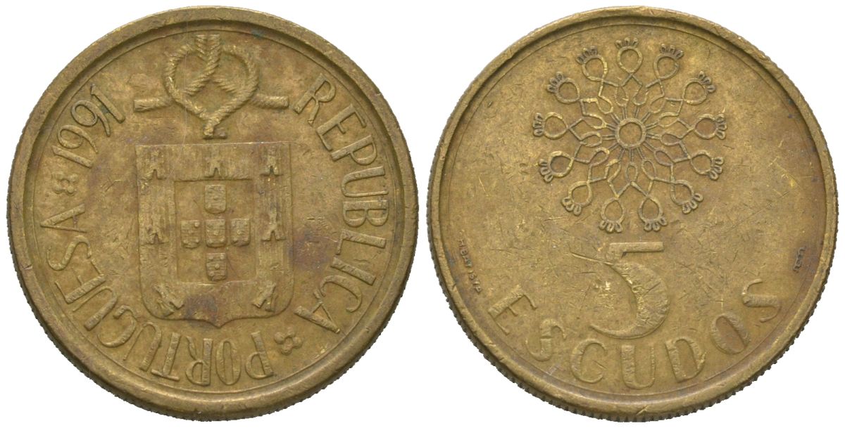 Португалия 5 эскудо 1991 KM 632 никель латунь 4621-431