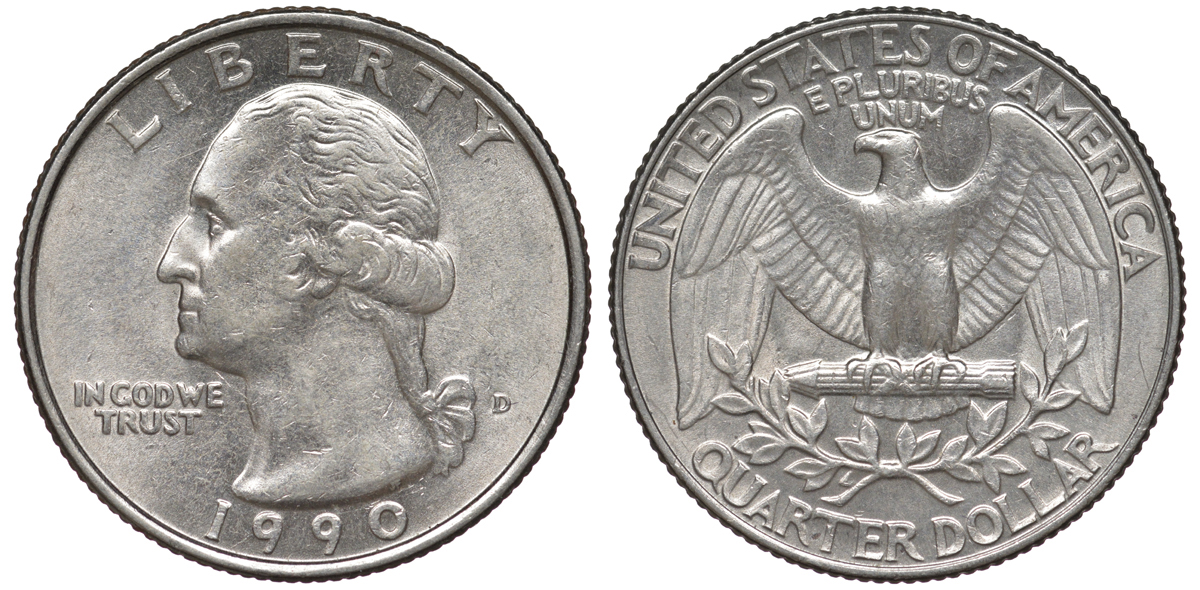 США 25 центов = квотер 1990 D, Вашингтон KM A164a медь плакированная медно-никелем 4543-1055