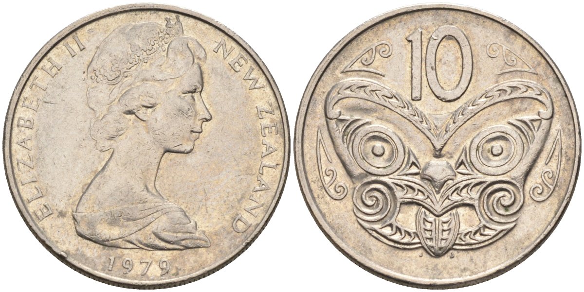Новая Зеландия 10 центов 1979 Елизавета II (1952-2022), маска маори KM 41.1 медно-никель 4126-1226