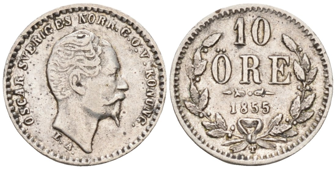 Швеция 10 эре 1855 T, Оскар I (1844-1859) KM 683 серебро 443-1614