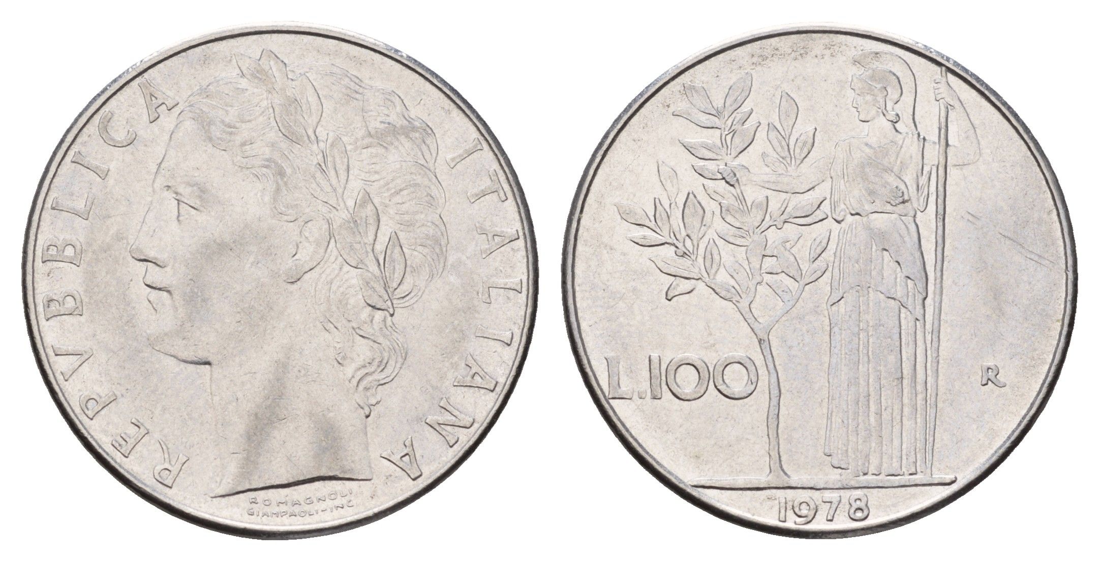 Италия 100 лир 1978 R, Афина у оливкового дерева KM 96.1 нержавеющая сталь 186-1111