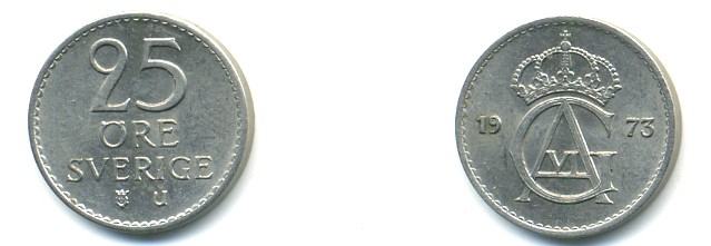 Швеция 25 эре 1973 U, Густав VI Адольф (1950-1973) KM 836 медно-никель UNC 4379-653