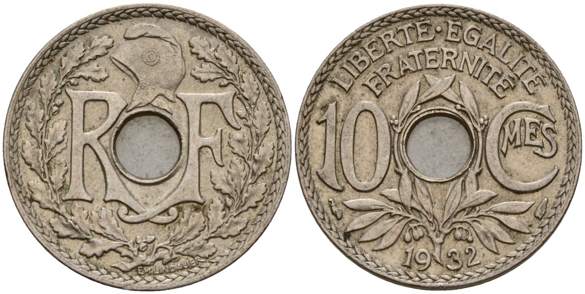 Франция 10 сантимов 1932 KM 866a медно-никель 4187-951