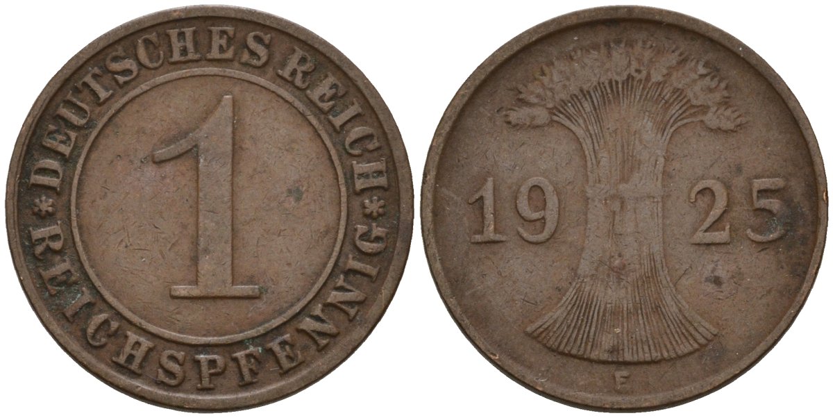 Германия 1 рейхспфенниг 1925 E KM 37, J. 313 бронза 4124-1226