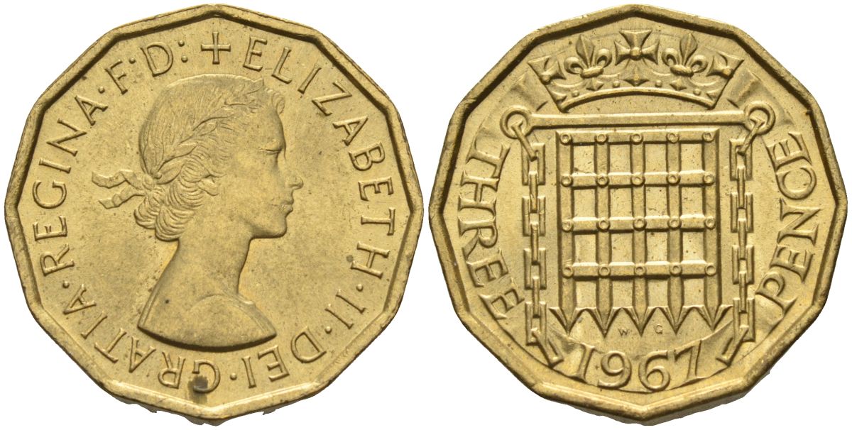 Великобритания 3 пенса 1967 Елизавета II (1952-2022) KM 900, Spink 4153 никель латунь 4126-725