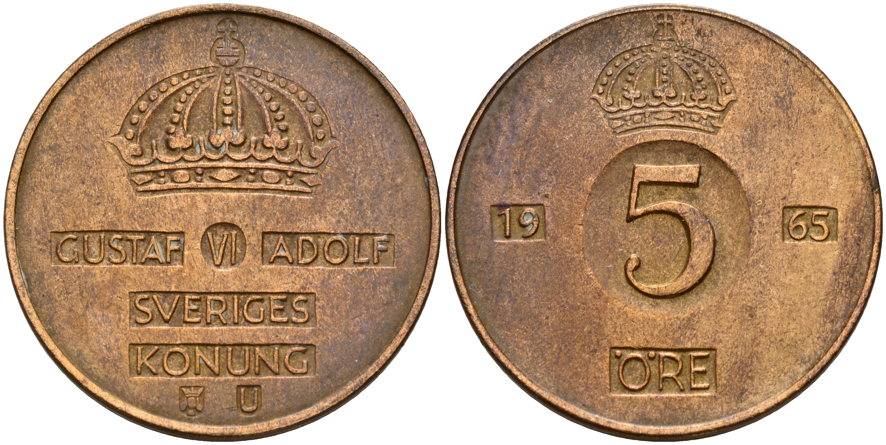 Швеция 5 эре 1965 U, Густав VI Адольф (1950-1973) KM 822 бронза 4601-1057