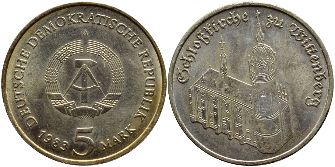 ГДР 5 марок 1983 A, замковая церковь в Виттенберге, дом Мартина Лютера KM 89 медно-никель aUNC 59-1832