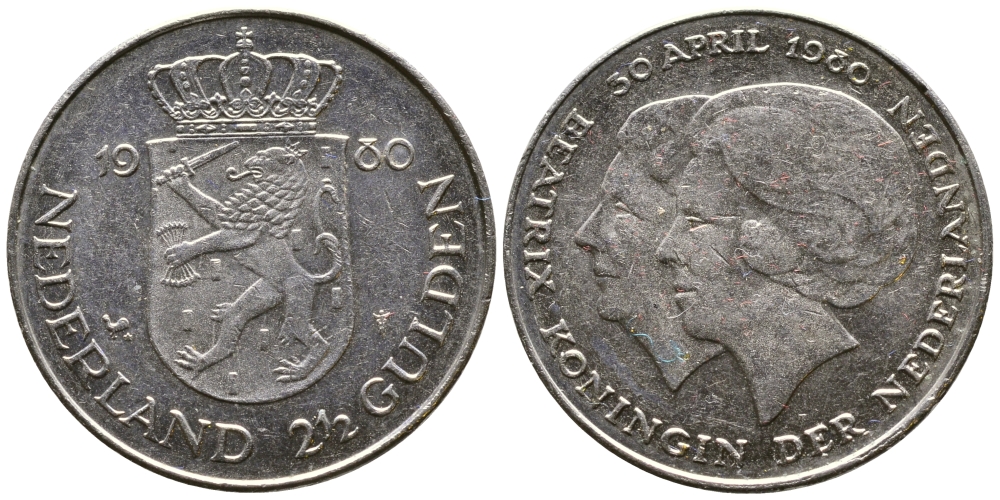 Нидерланды 2 1/2 гульдена 1980 коронация Беатрикс, 30 апреля 1980 KM 201 никель 177-256