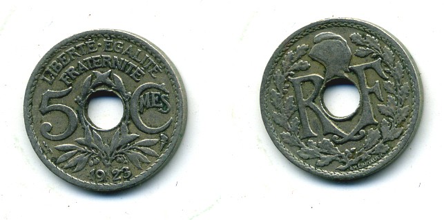 ФРАНЦИЯ 5 САНТИМОВ 1923 tb, ТИП ЛИНДАЙЁ, МОНЕТНЫЙ ДВОР ПУАССИ, МОЛНИЯ KM 875, LE FRANC 122.7 медно-никель 84-323