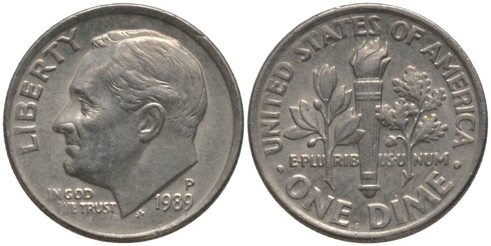 США 10 ЦЕНТОВ = 1 ДАЙМ 1989 P, РУЗВЕЛЬТ KM 195а медь плакированная медно-никелем 4396-425