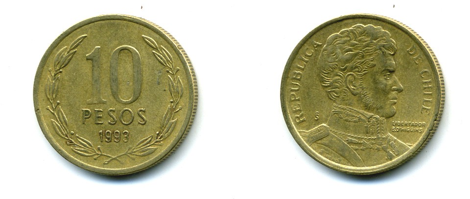 ЧИЛИ 10 ПЕСО 1993 БЕРНАРДО ХИГГИНС KM 228.2 никель латунь 37-147