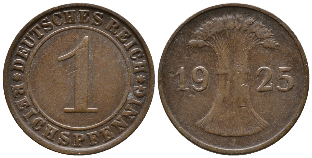 ГЕРМАНИЯ 1 РЕЙХСПФЕННИГ 1925 J KM 37, J. 313 бронза 39-915