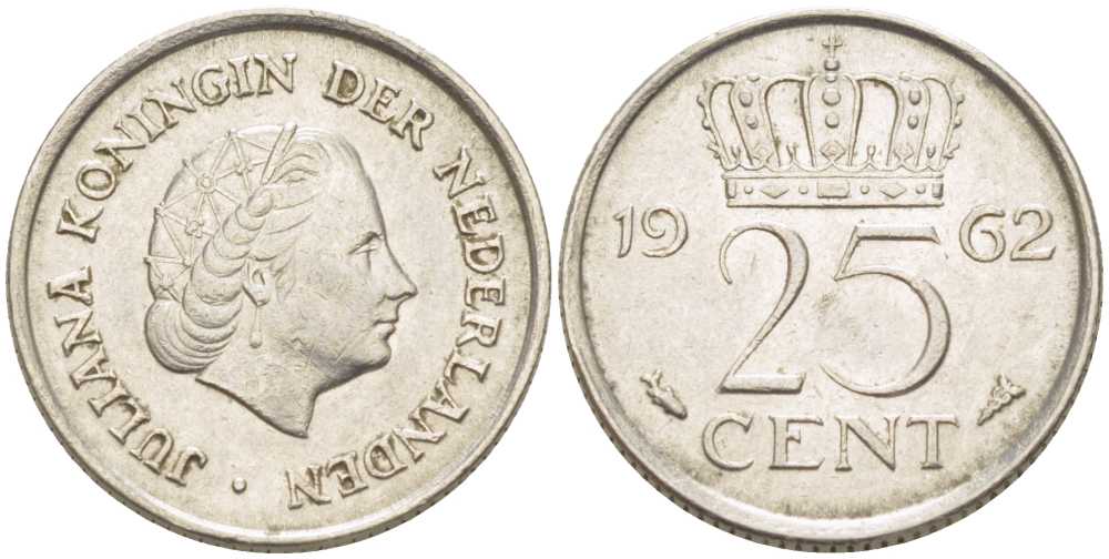 НИДЕРЛАНДЫ 25 ЦЕНТОВ 1962 ЮЛИАНА (1948-1980) KM 183 никель 214-936