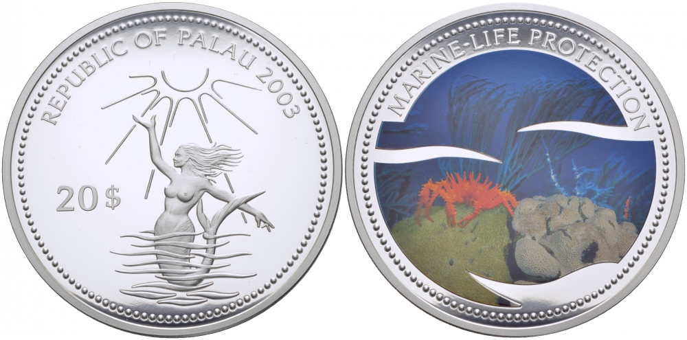 Палау 20 долларов 2003 русалка, краб на дне, цветная эмаль, 155 г., 5 унций серебро PROOF 01-097-21-2