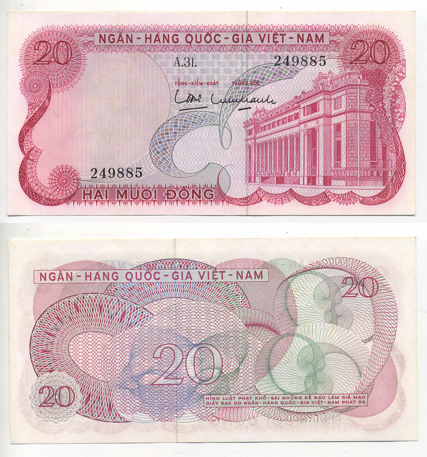 ЮЖНЫЙ ВЬЕТНАМ 20 ДОНГОВ 1969 Pick 24а бумага UNC (ПРЕСС) 7203-37-1