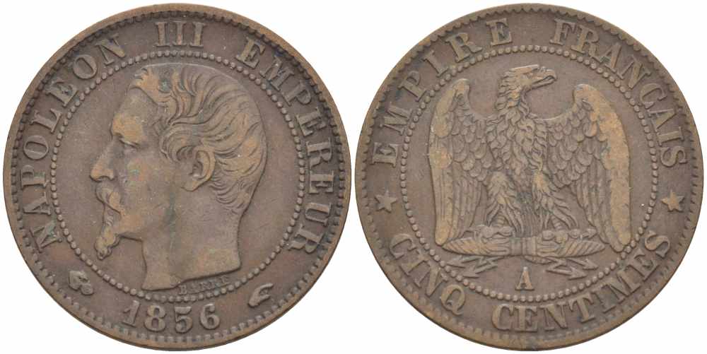 ФРАНЦИЯ 5 САНТИМОВ 1856 A, НАПОЛЕОН III (1852-1870) KM 777.1, LE FRANC 116.30 бронза 108-427