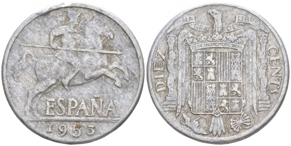 ИСПАНИЯ 10 СЕНТИМО 1953 РЫЦАРЬ НА КОНЕ KM 766 алюминий 68-142