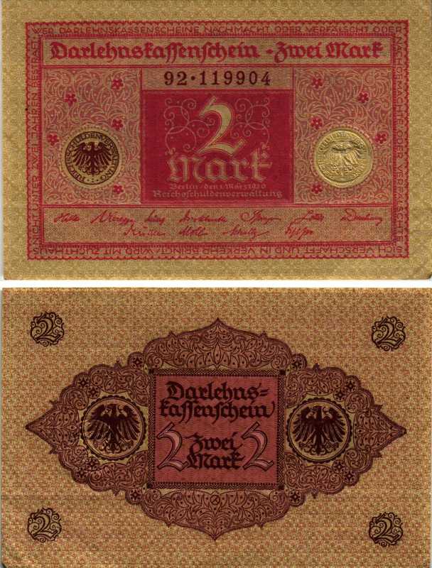 ГЕРМАНИЯ 2 МАРКИ 1920 1 МАРТА 1920, ВЕЙМАРСКАЯ РЕСПУБЛИКА, КРАСНАЯ, СЕРИЯ 92 Pick 59, Rosenberg 65b бумага 7547-78-3-1