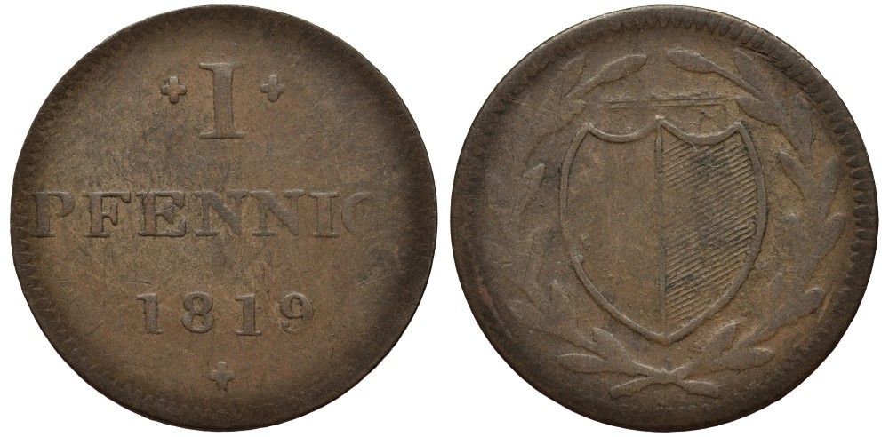 ФРАНКФУРТ НА МАЙНЕ 1 ПФЕННИГ 1819 ЕВРЕЙСКИЕ ПФЕННИНГИ, ТОКЕН JEWISH PFENNIGS (JUDEN PFENNIGE) KM Tn5 медь 413-4414