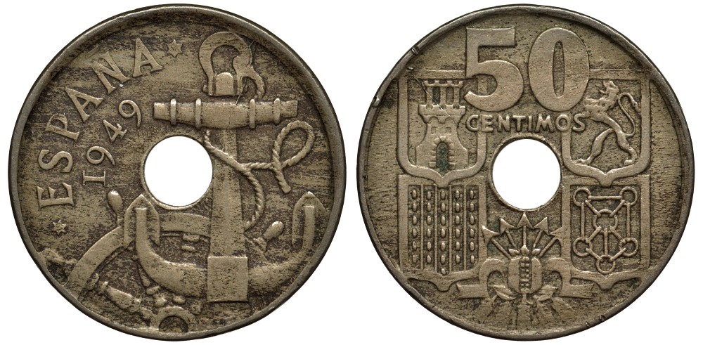 Испания 50 сентимо 1949 (56) Франко (1939-1975), морская атрибутика KM 777 медно-никель 186-914