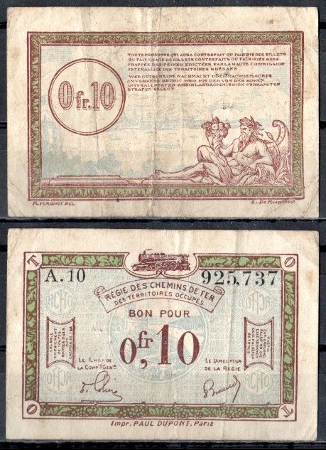 Франция 0,10 франка ND (1923)  Франко-Бельгийская железнодорожная администрация, на оккупированных немецких территориях Pick R2 бумага 7183-35-2-2
