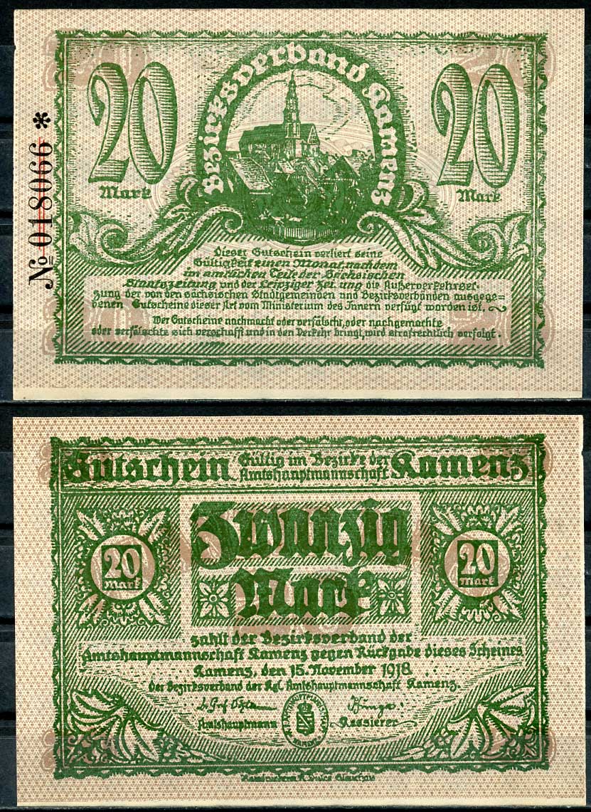 Германия, Каменц 20 марок 1918 нотгельд, 15.11.1918 Grabowski 262.02  бумага  UNC (пресс) 444-89-2-2