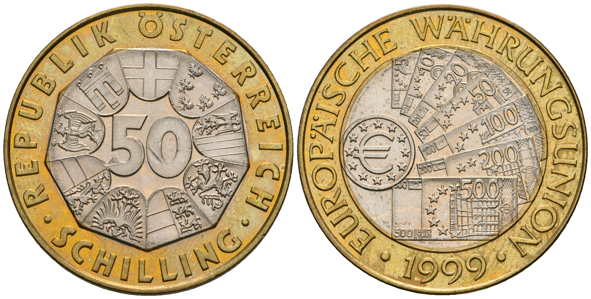 Австрия 50 шиллингов 1999 Европейский валютный союз KM 3057 биметалл UNC 221-522