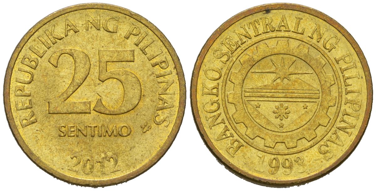 Филиппины 25 сентимо 2012 KM 271a сталь плакированная латунью aUNC 4618-754