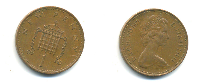 Великобритания 1 пенни 1971 Елизавета II (1952-2022) KM 915, Spink 4237 (B1) бронза 177-1113