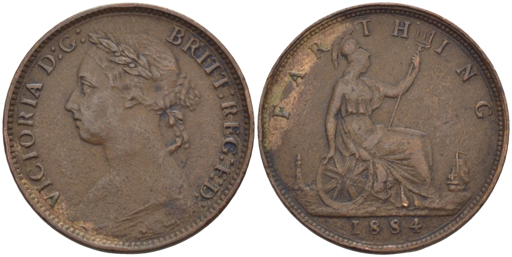 Великобритания 1 фартинг 1884 Виктория (1837-1901) KM 753, Spink 3958 бронза 100-239