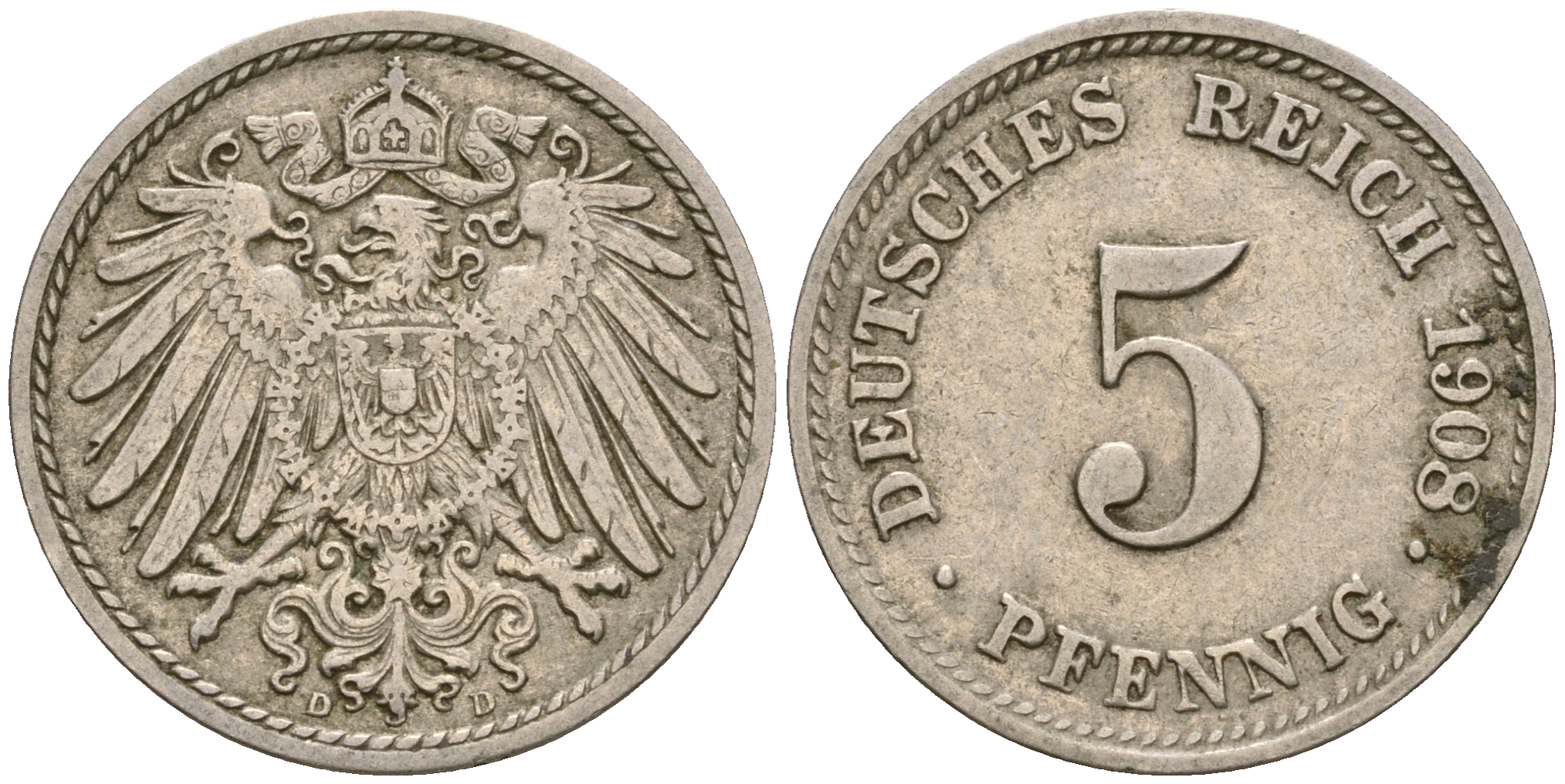 Германия 5 пфеннигов 1907 D, KM 11, J. 12 медно-никель 4364-3667