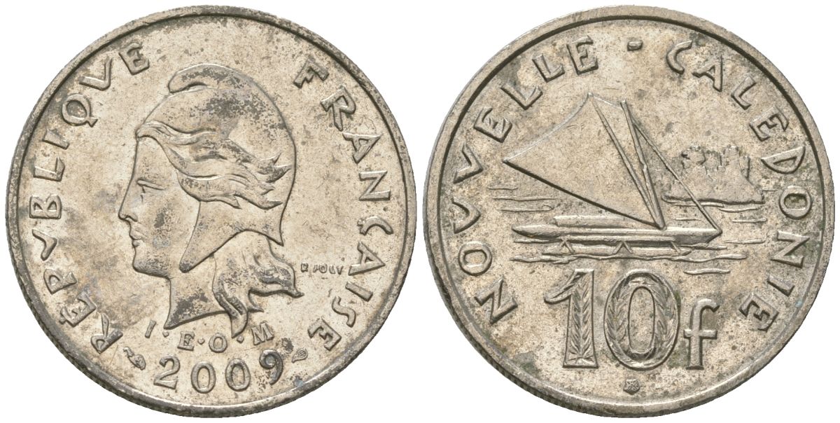 Французская Новая Каледония 10 франков 2009 рыбачья парусная лодка, (IEOM) KM 11a, Schoen 13a, Lec 99k медно-никель 60-1321