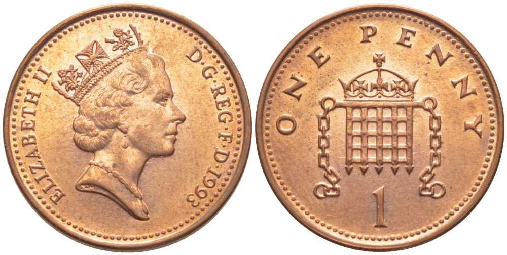 Великобритания 1 пенни 1993 Елизавета II (1952-2022) KM 935a, Spink 4391 (B4) сталь плакированная медью 117-132