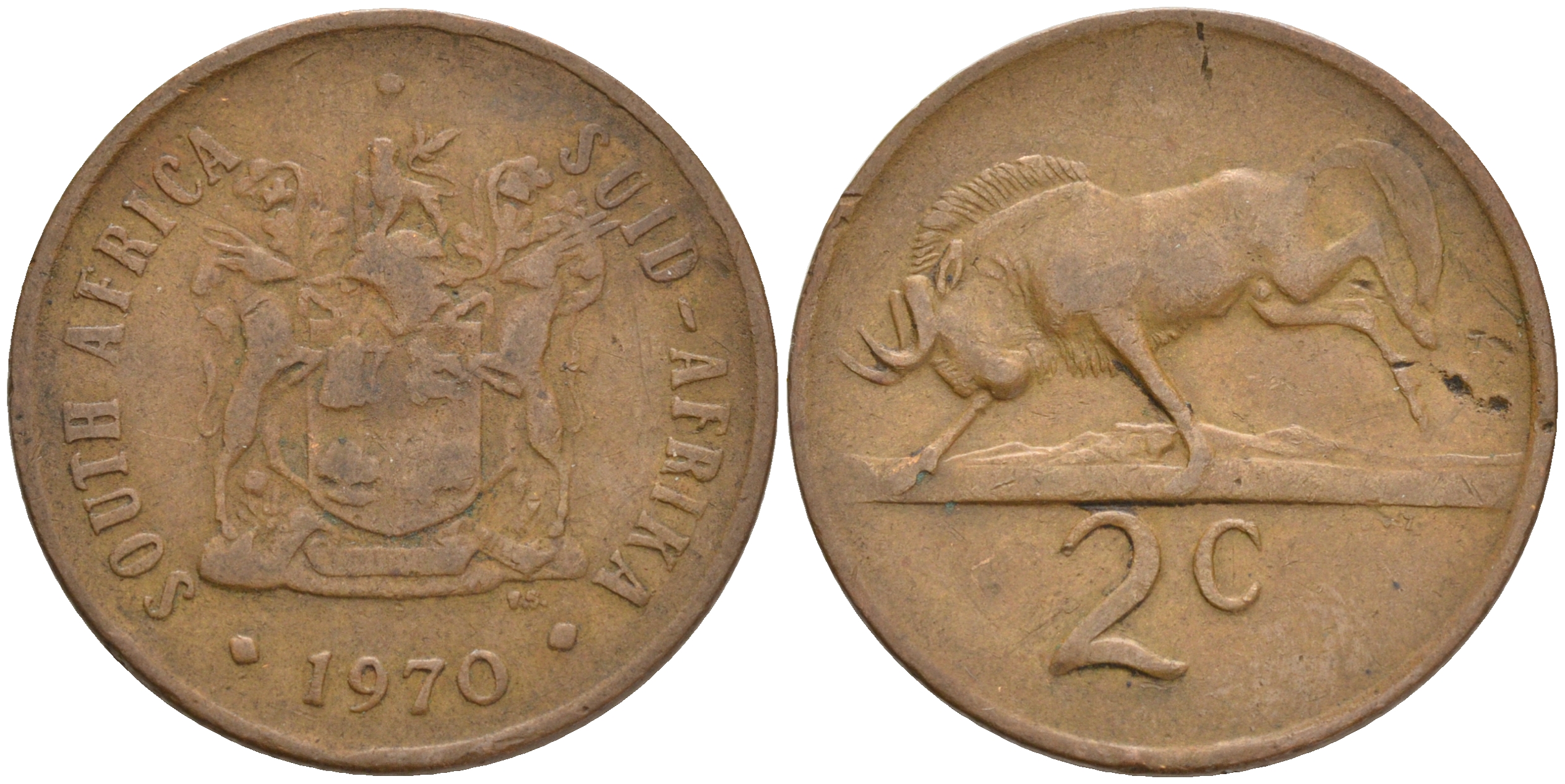 ЮАР 2 цента 1970 герб, антилопа гну KM 83 бронза 4561-615