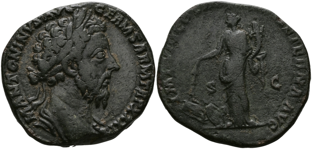 Римская Империя сестерций 176 - 177 Марк Аврелий IMP VIII COS III P P PAX AETERNA AVG Пация, персонификация Мира, сжигает оружие, Рим Very fine 21,87 гр RIC 1202 (as) бронза 1073-7-54