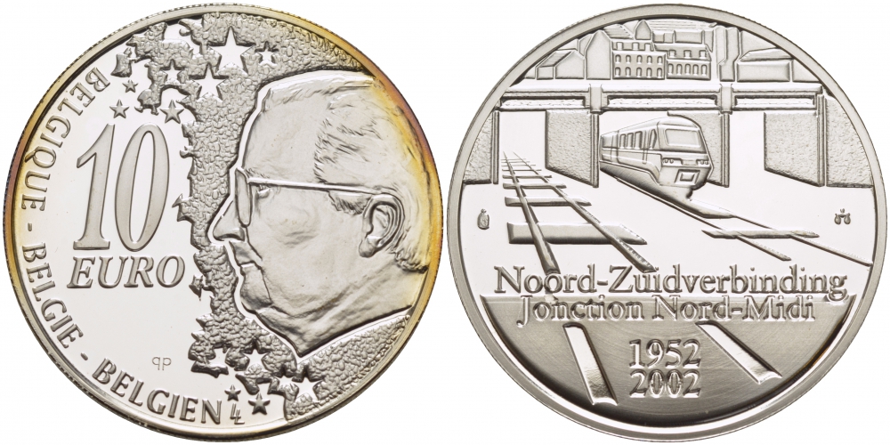 Бельгия 10 евро 2002 50 лет открытию железнодорожной ветки Норд-Миди около Брюсселя KM 233 серебро PROOF 1087-4-33