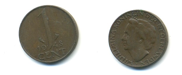 Нидерланды 1 цент 1948 Вильгельмина (1890-1948), год тип KM 175 бронза 80-944