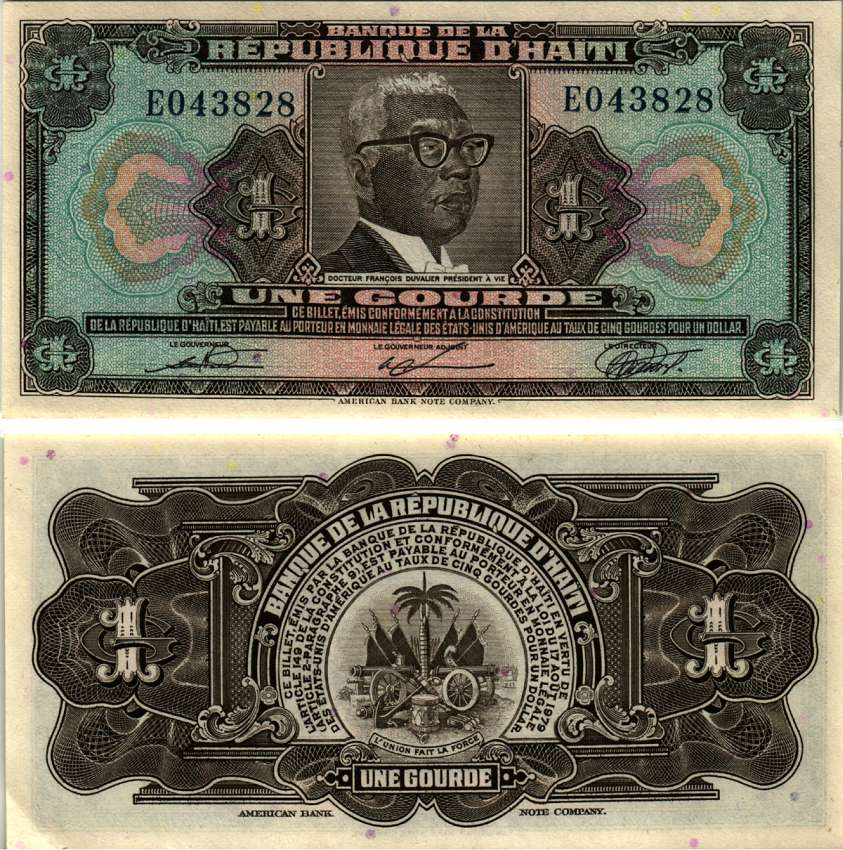 ГАИТИ 1 ГУРД 1979 (1980-1982) СЕРИЯ EO, ПРЕЗИДЕНТ ФРАНСУА ДЮВАЛЬЕ, ABNC, СВЕТИТСЯ В УЛЬТРАФИОЛЕТЕ Pick 230 бумага аUNC 2192-18-3-1