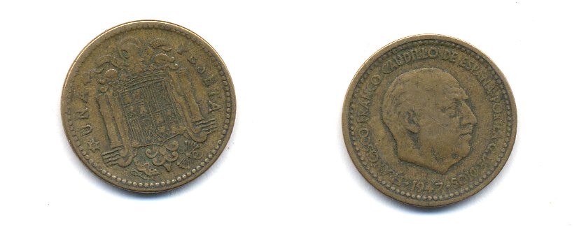 Испания 1 песета 1947 (52) Франсиско Франко (1939-1975) KM 775 алюминиевая бронза 54-212