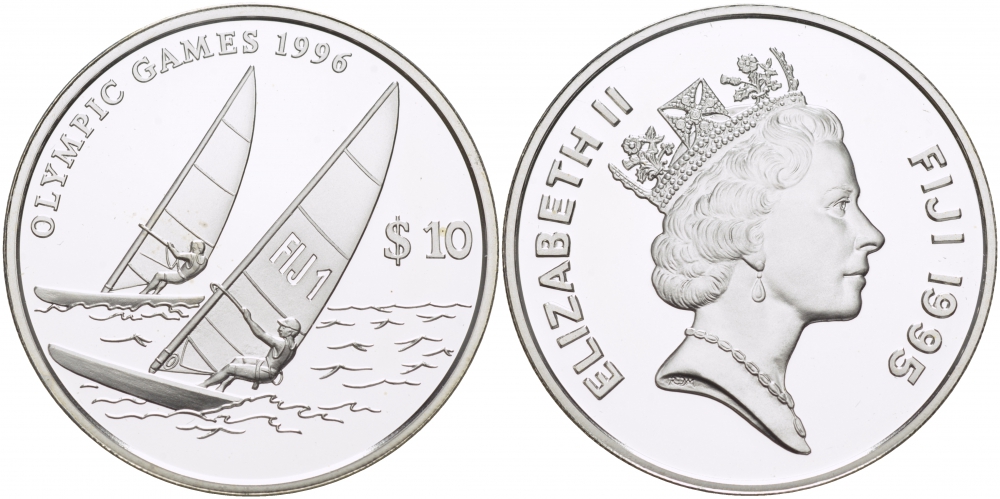Фиджи 10 долларов 1995 XXVI Олимпийские игры 1996 года в Атланте, парусный спорт KM 79 серебро PROOF 04-313-35