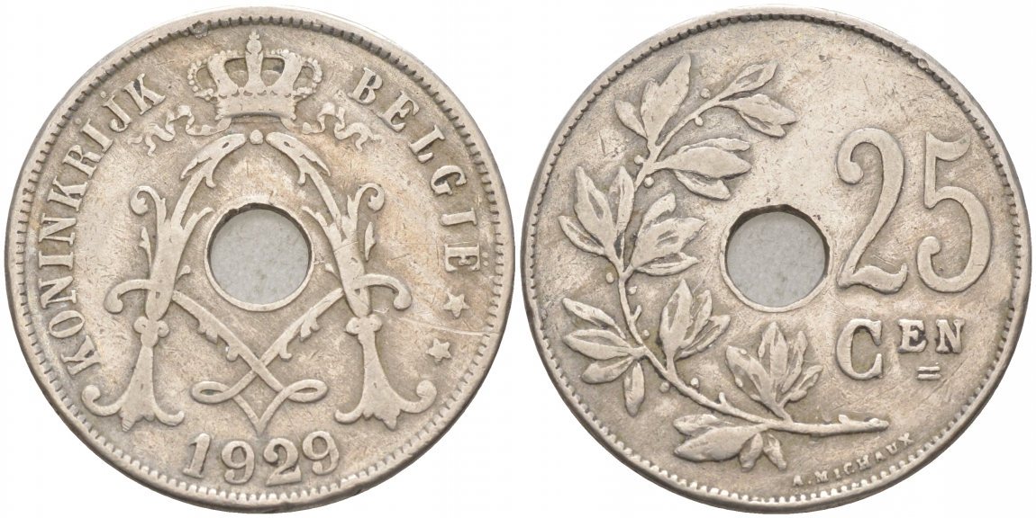 БЕЛЬГИЯ 25 САНТИМОВ 1929 BELGIE KM 69 медно-никель 68-254