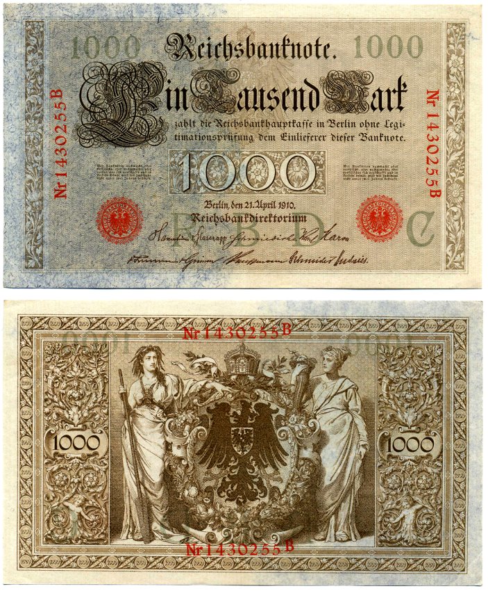 Германия 1000 марок 1910 21 апреля 1910, красная печать, номер семизначный, серия В, буква С, выпуск АПРЕЛЬ - АВГУСТ 1919 Pick 44, Роземберг 45b бумага VF 2194-21-2-2