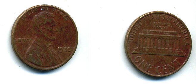 США 1 цент 1980 Авраам Линкольн KM 201 медь цинк 46-612