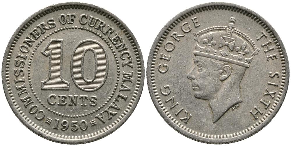 Британская Малайя 10 центов 1950 Георг VI (1937-1952) KM 8 медно-никель 4549-634