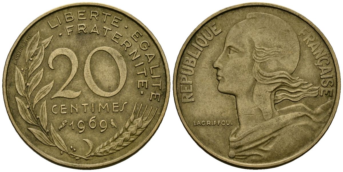 Франция 20 сантимов 1969 тип Marianne KM 930 медь алюминий никель 4135-557
